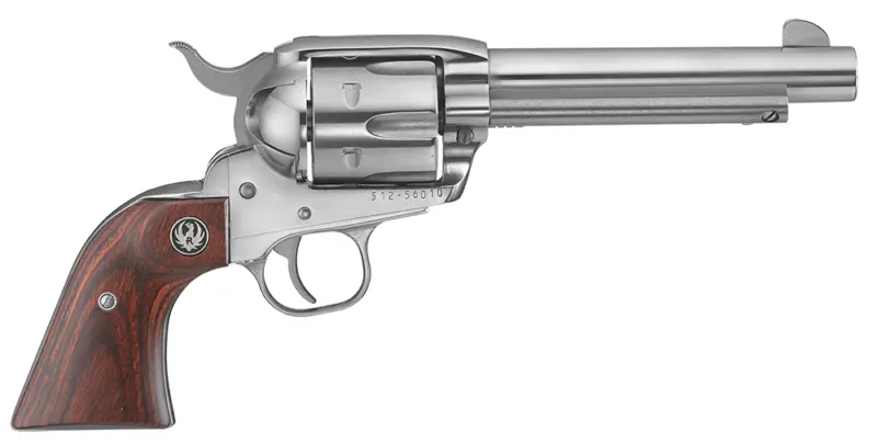 Ruger 5105 Vaquero Medium Frame 45 Colt (Long Colt) 6rd 4.62" High Gloss Stainless Steel Barrel, Cylinder Frame, Hardwood Grip, Transfer Bar Safety, Exposed Hammer