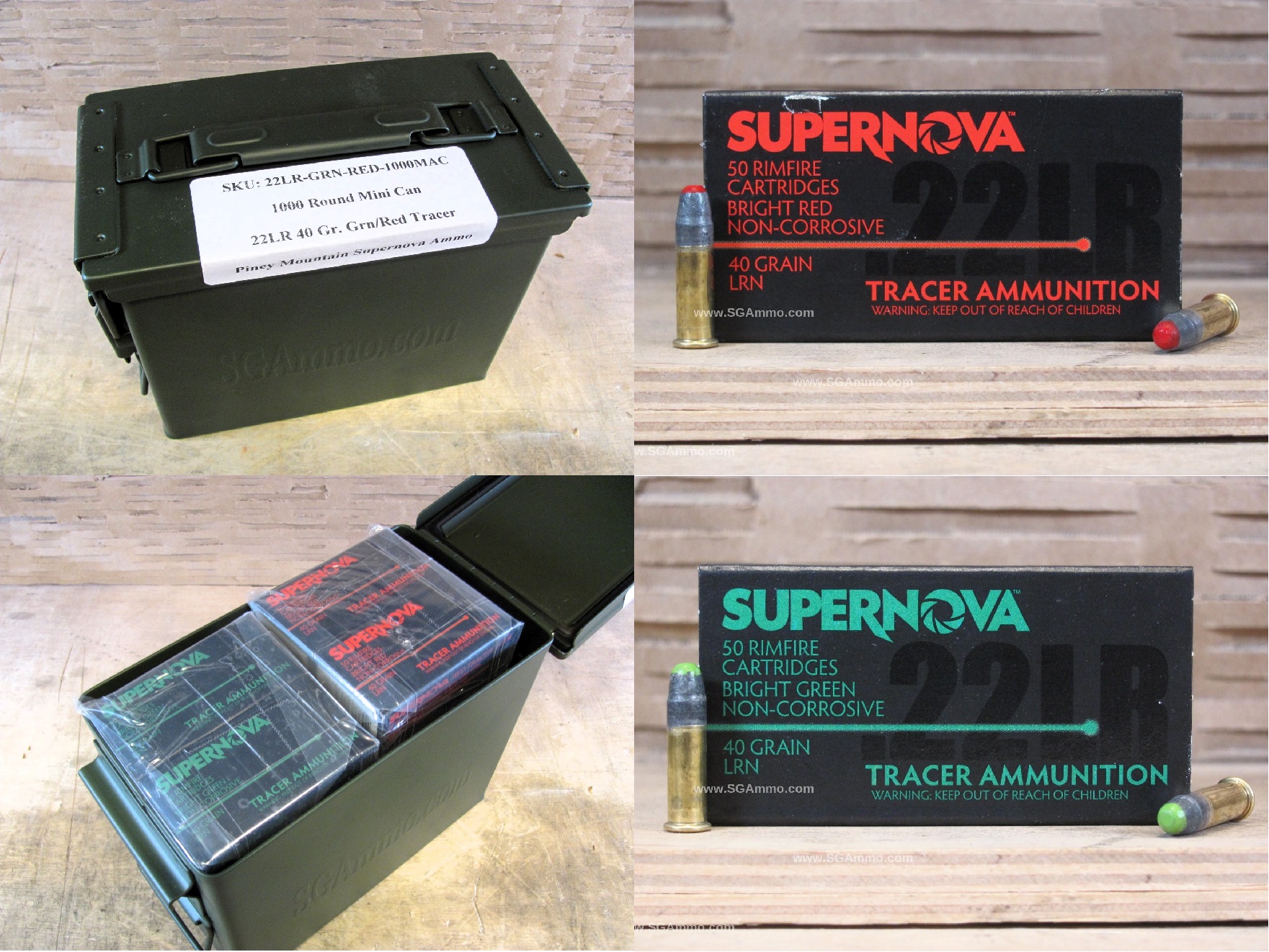 1000 Round Can – 22LR 40 Grain LRN Bright GREEN/RED Tracer Supernova Piney Mountain Ammo – Packed in Mini Canister