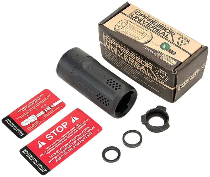 Strike Industries BSOPPRESSORUBK Oppressor Universal Blast Shield Multi-Cal 3.37"L 1.61"D Black Anodized Steel/Aluminum for Barrels with 1/2" 5/8" Threads (Max .98"D Barrels)