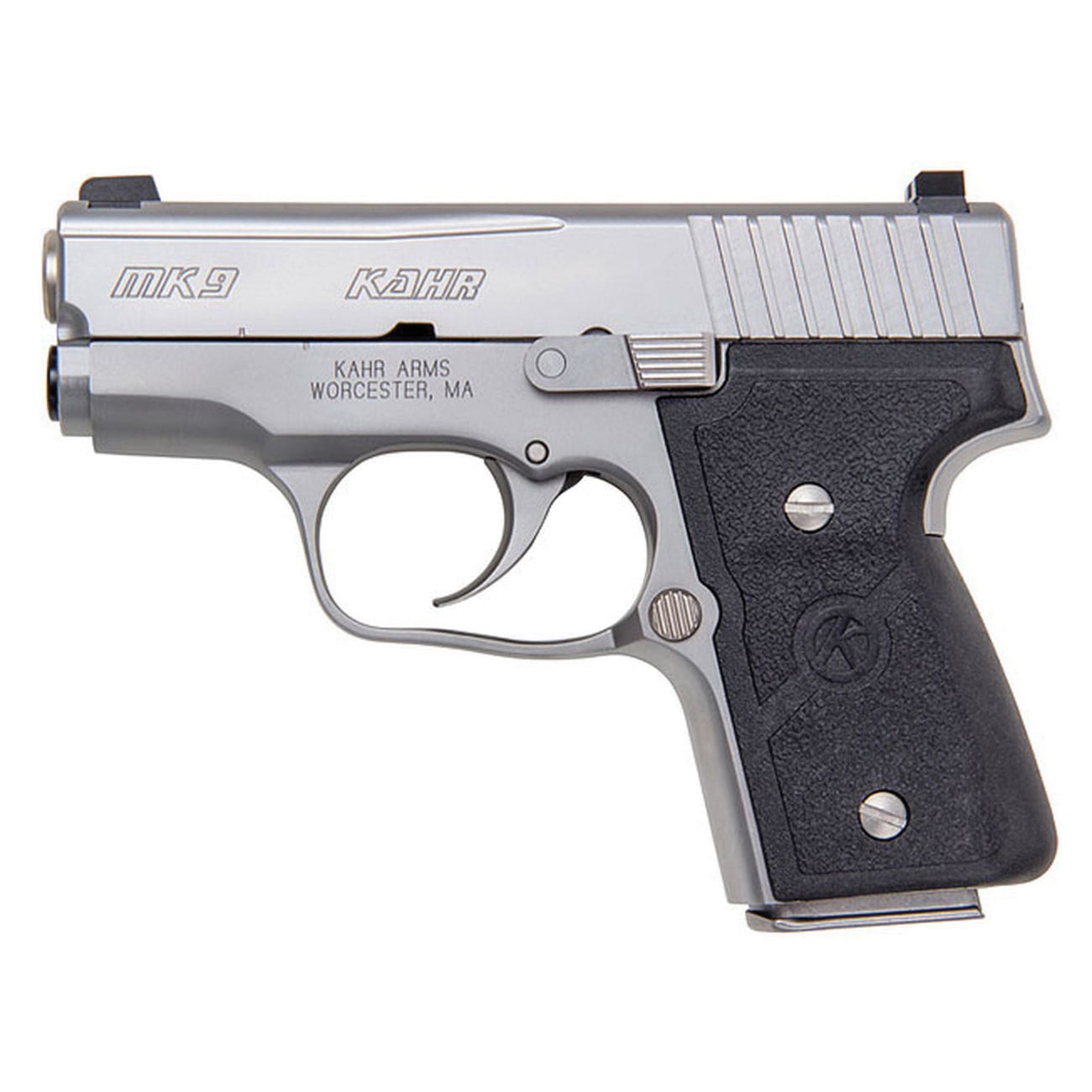 Kahr Arms M9093NA MK9 9mm 3″ 6+1/7+1 Stainless Steel Black Grips W/ Night Sights CA Compliant - No Credit Card Fees - Low, flat rate shipping