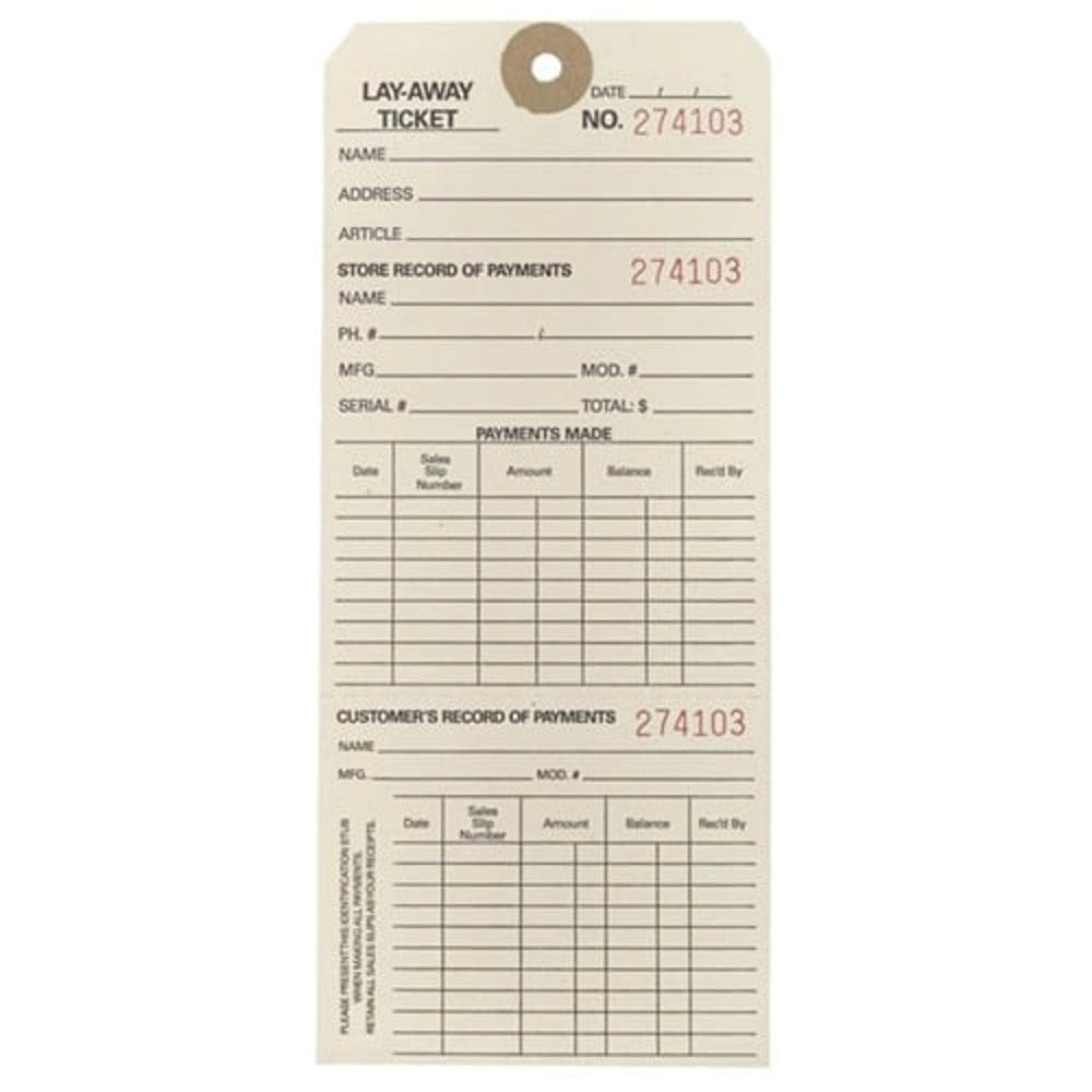 Brownells 3.13" x 7.25" Lay-A-Way Ticket, White Pack of 100