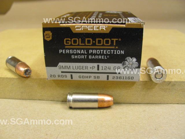 200 Round Case – 9mm Luger +P 124 Grain GDHP Speer Gold Dot Short Barrel Personal Protection Ammo – 23611GD