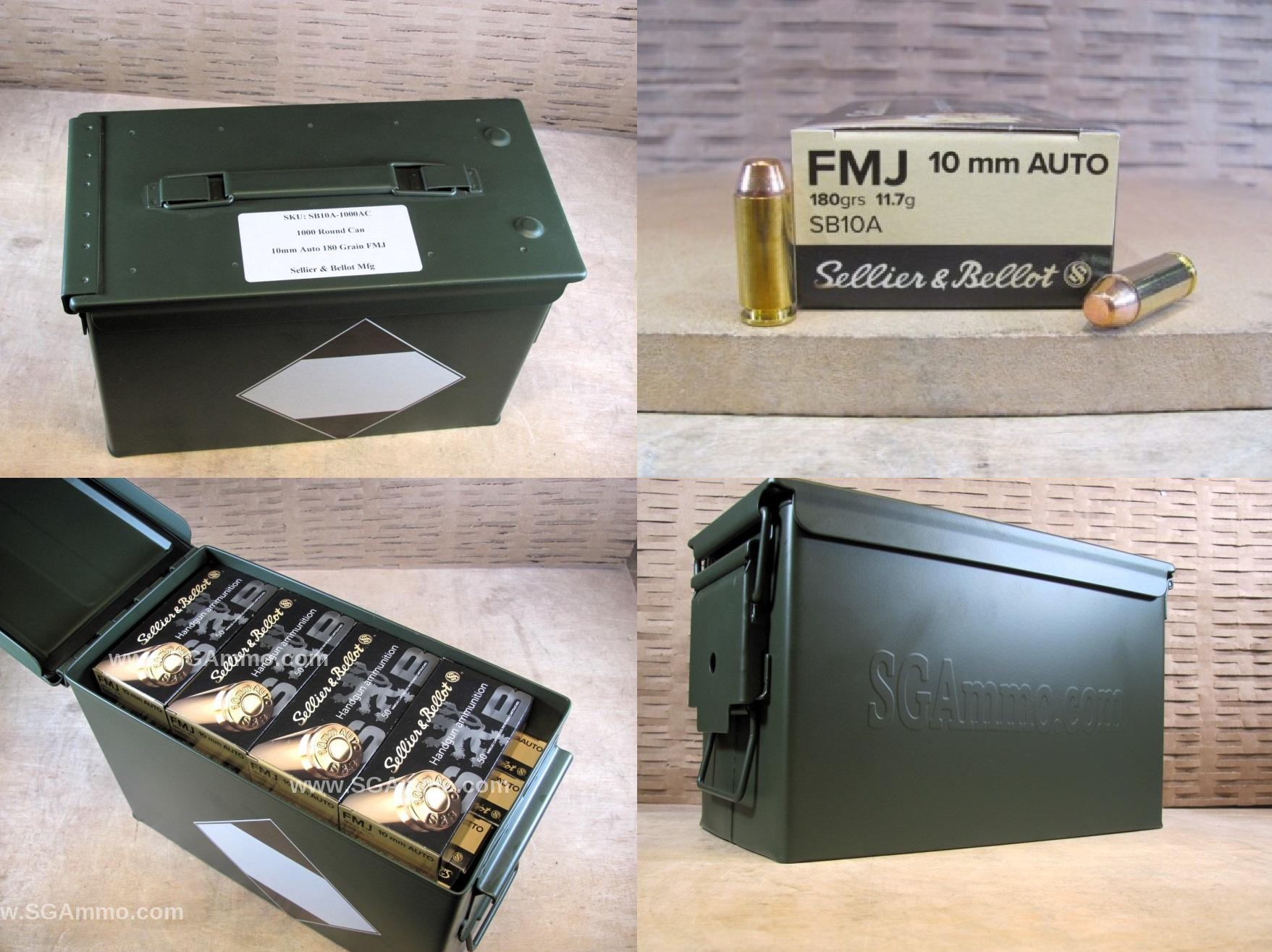 1000 Round Can – 10mm Auto 180 Grain FMJ Ammo By Sellier Bellot – SB10A – Packed in M2A1 Canister