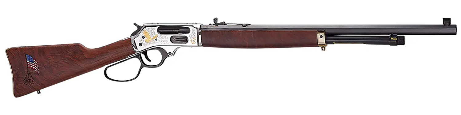 Henry H010BGMC Spirit Of The Corps 45-70 Gov 4+1 22" Black Octagon Barrel, Nickel Engraved w/24K Gold Inlay Brass Drilled Tapped Receiver, American Walnut Straight Stock