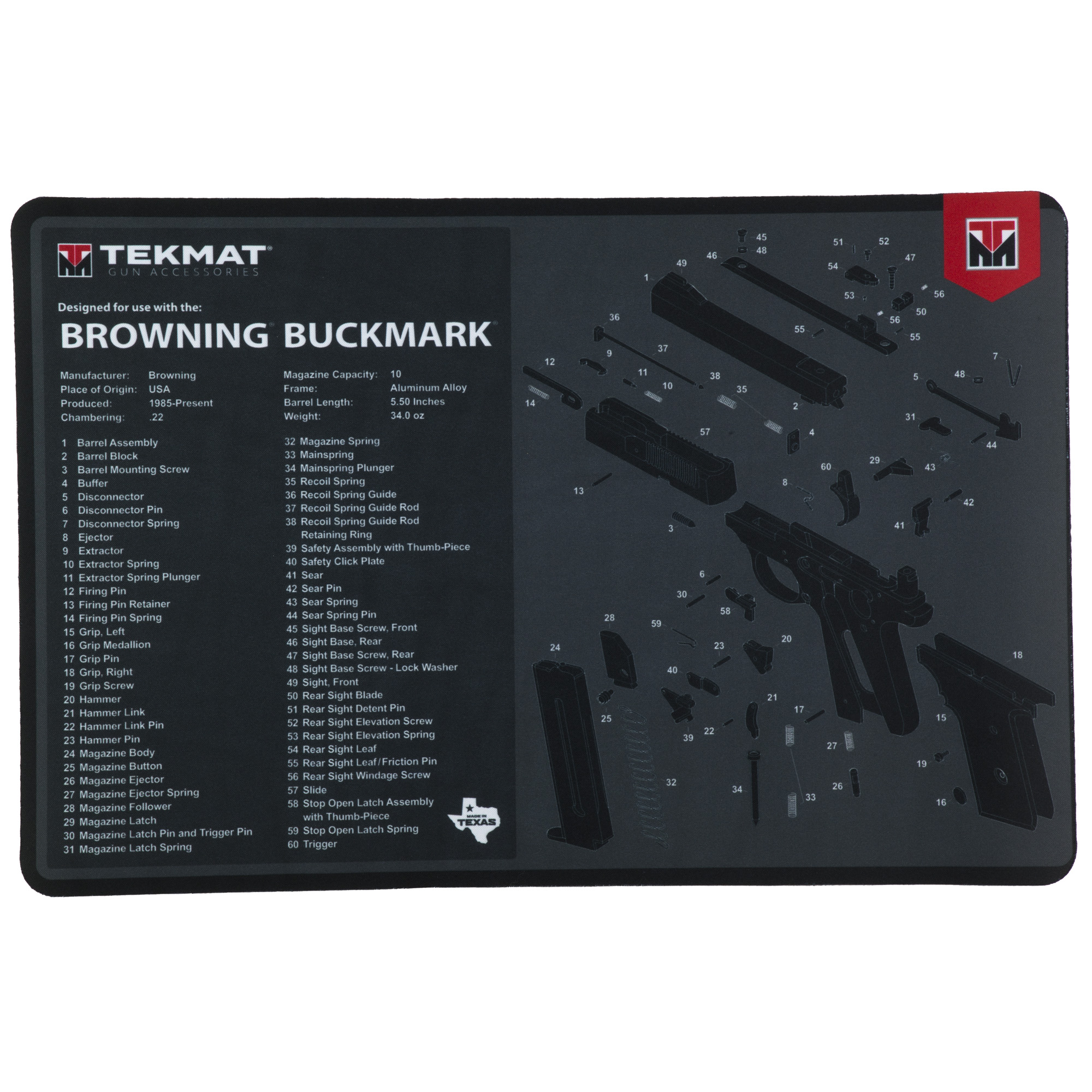 TekMat Cleaning Mat, Pistol Size, 11"x17", For Browning Buck Mark, Black