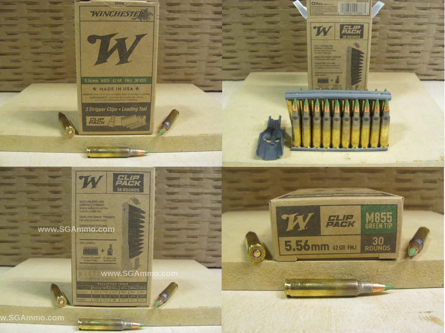 30 Round Box – 5.56mm 62 Grain FMJ Winchester M855 Green Tip Ammo on Stripper Clips – WM855CP