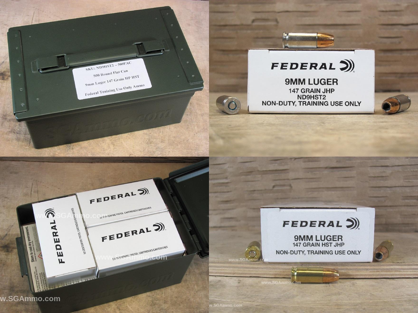 500 Round Flat Can – 9mm Luger 147 Grain HST Hollow Point Non-Duty Federal Training Use Only Ammo – ND9HST2 – Packed in Metal Canister