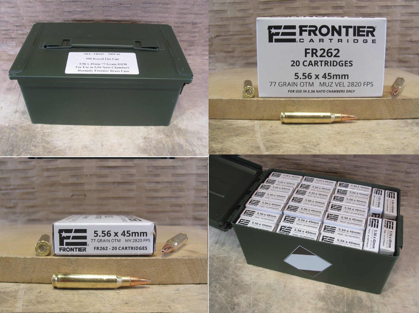 500 Round Flat Can – 5.56 x 45mm 77 Grain Open Tip Match Hornady Frontier Ammo – FR262 – FOR USE IN 5.56 NATO CHAMBERS ONLY – Packed in Metal Canister