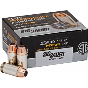 Sig Sauer E45AP050 Elite V-Crown 45 ACP 185 gr Jacketed Hollow Point (JHP) - 50rd Box