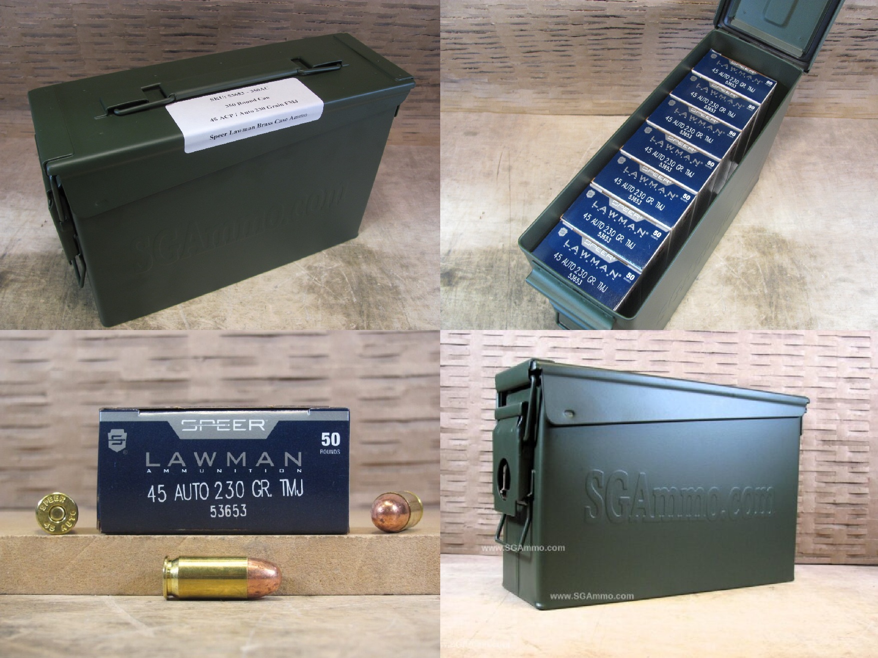 350 Round Can – 45 ACP / Auto 230 Grain FMJ Speer Lawman Brass Case Ammo – 53653 – Packed in M19A1 Canister