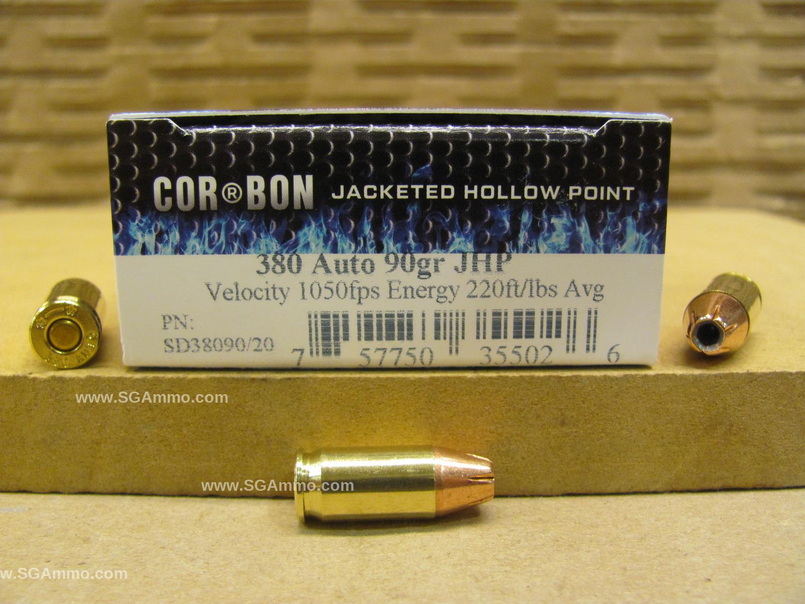20 Round Box – 380 Auto 90 Grain JHP Hollow Point Ammo by Corbon – SD38090/20