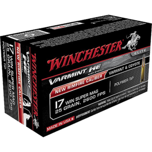 Winchester Varmint HE 17 WSM 25gr V-MAX Polymer Tip Brass Case 50 Rounds S17W25 020892103108