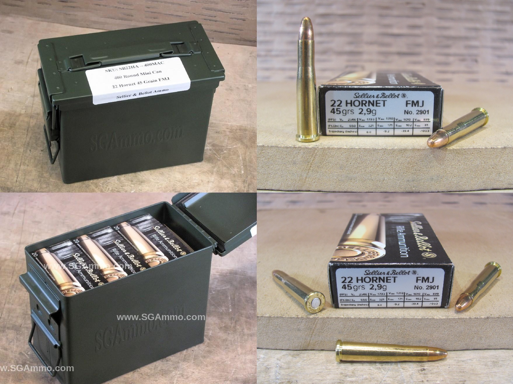 400 Round Can – 22 Hornet 45 Grain FMJ Sellier Bellot Ammo – SB22HA – Packed in Mini Canister