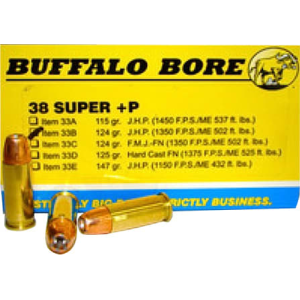 Buffalo Bore Personal Defense Strictly Business 38 Super +P 124gr Jacketed Hollow Point 20rd Brass Case