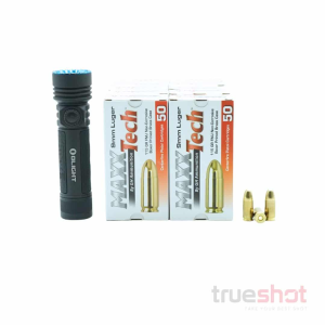 BUNDLE DEAL: Black Olight Seeker 4 Pro High Power Flashlight and 500 Rounds of Ammo - Maxxtech 9mm 115 Grain