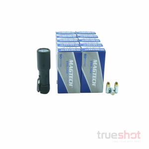 BUNDLE DEAL: Black Sig Sauer Foxtrot EDC Compact Flashlight and 500 Rounds of Ammo - Magtech 9mm 115 Grain Steel