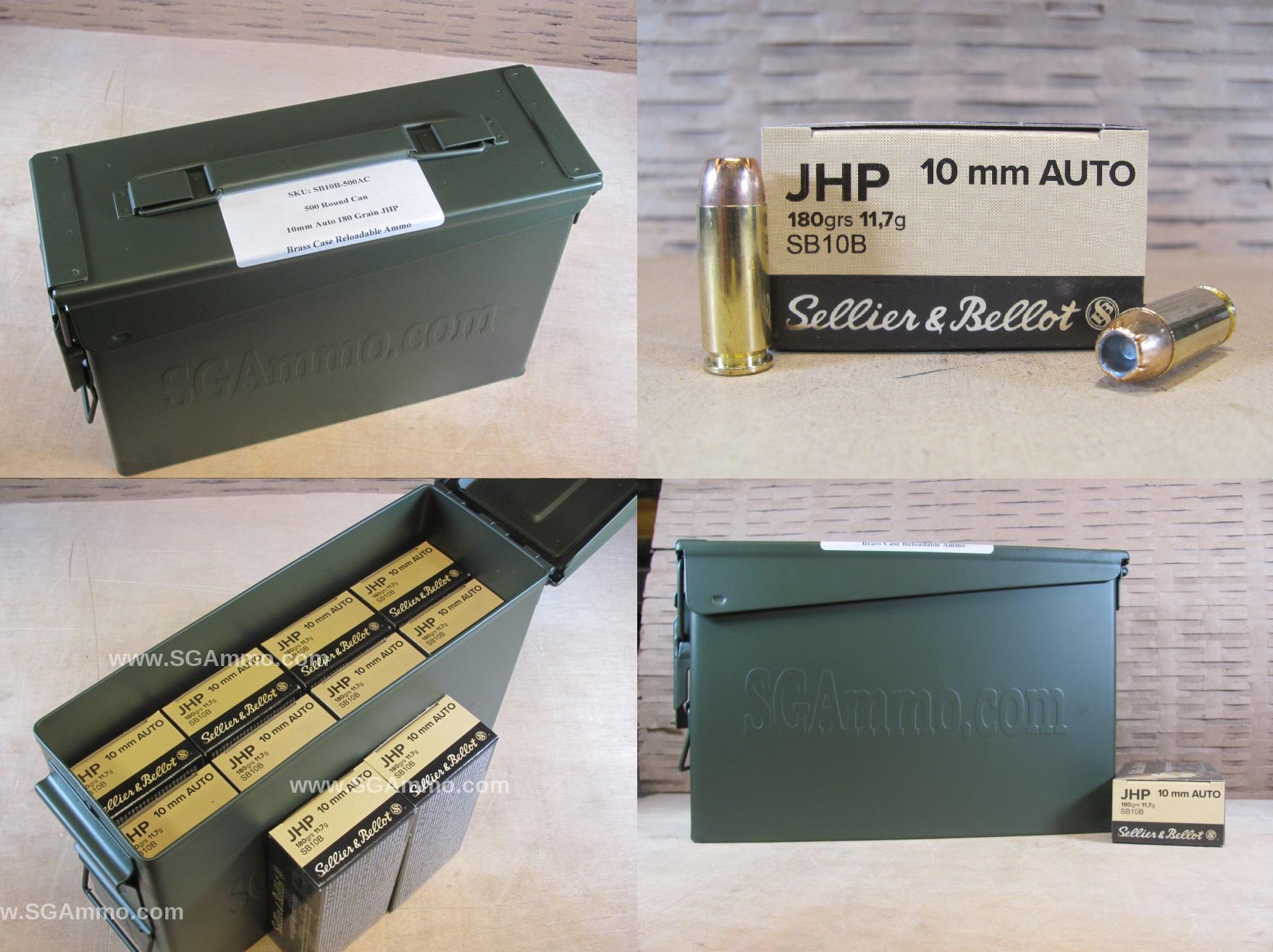 500 Round Can – 10mm Auto 180 Grain JHP Hollow Point Sellier Bellot Ammo – SB10B – Packed in M19A1 Ammo Canister