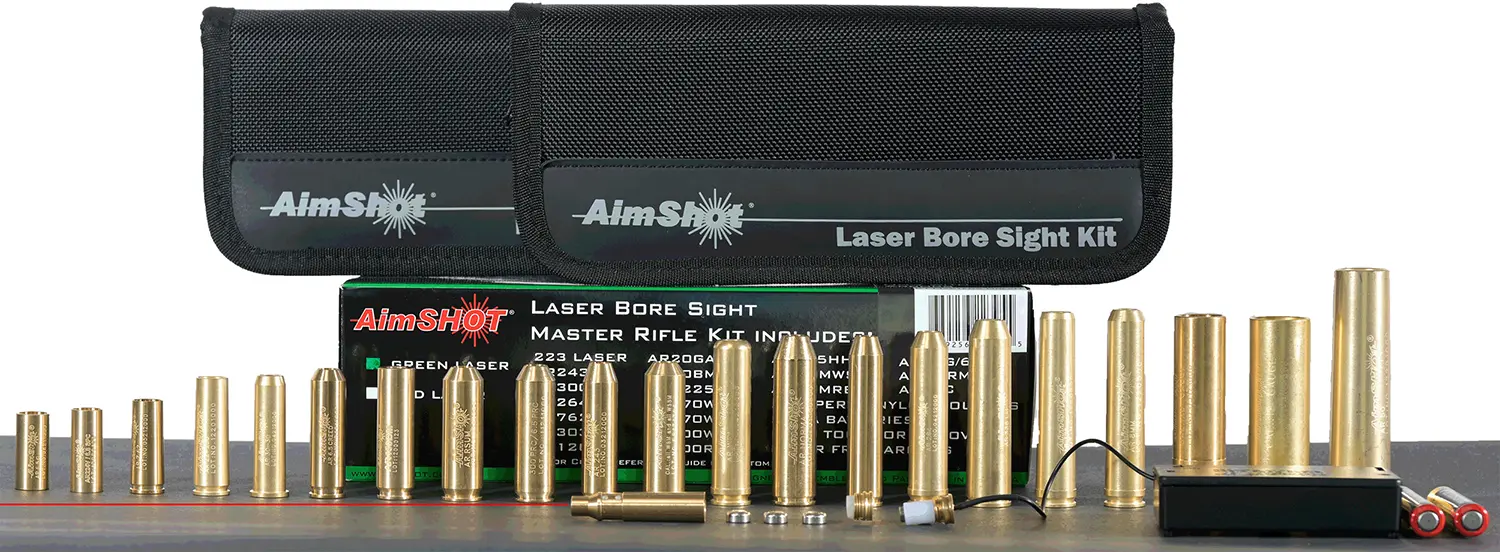 AimShot Master Kit Multi-Caliber Bore Sight with Red 650nM Laser, Uses L736 Button Cell Batteries 2 AAA Batteries for Battery Pack for Rifles (Batteries Not Included)