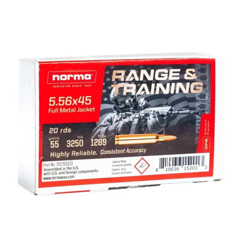 Norma Range Training Rifle Ammunition 5.56X45 NATO 55gr FMJ 3250 fps 20/rd