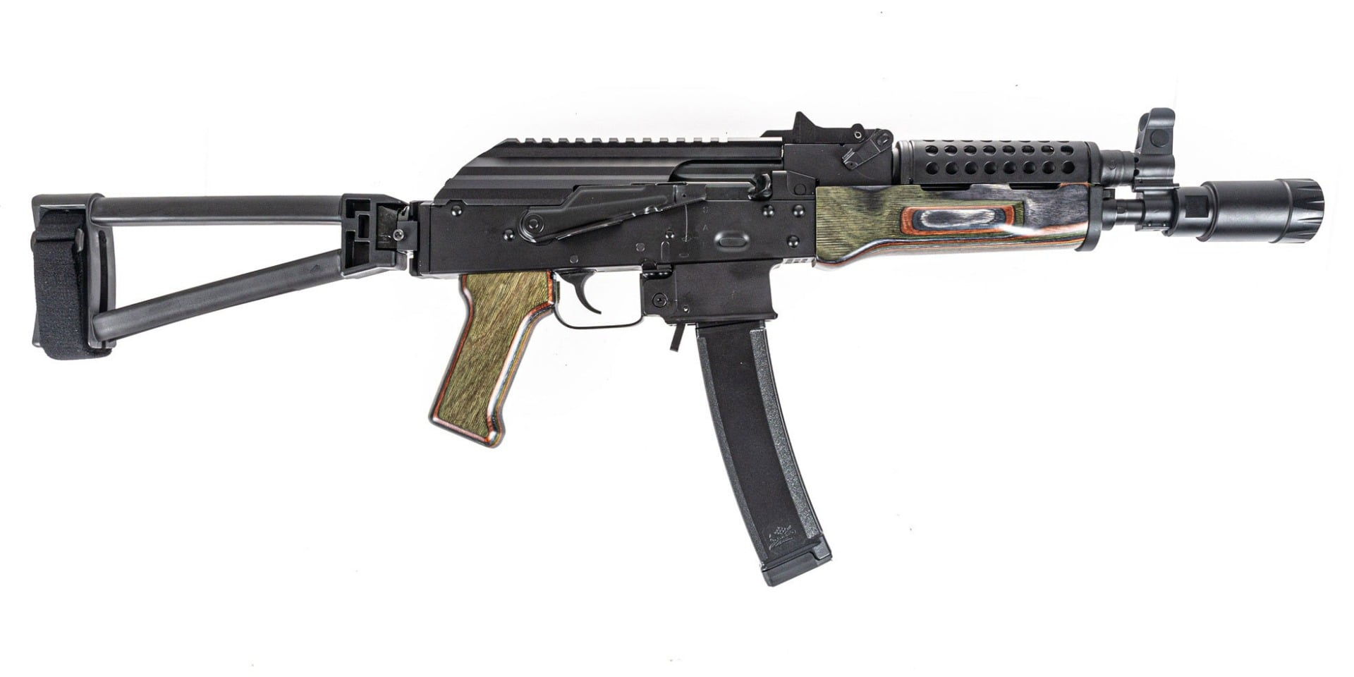 PSA AK-V 9mm Triangle Folding Pistol with Cheese Grater Upper Hand Guard and Linear Comp Flash Can, "Voodoo"
