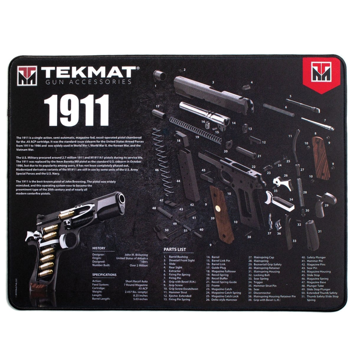 TEKMAT 1911 3D 20" x 15" x 0.25" Ultra Premium Gun Cleaning Mat, Black