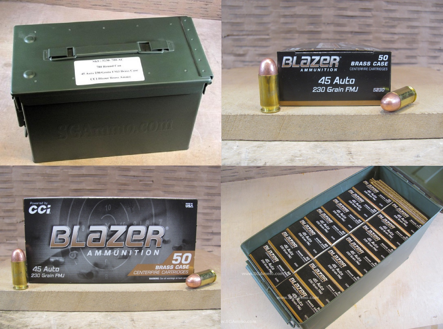 700 Round Can – 45 Auto 230 Grain FMJ CCI Blazer Brass Case Ammo – 5230 – Packed in M2A1 Canister