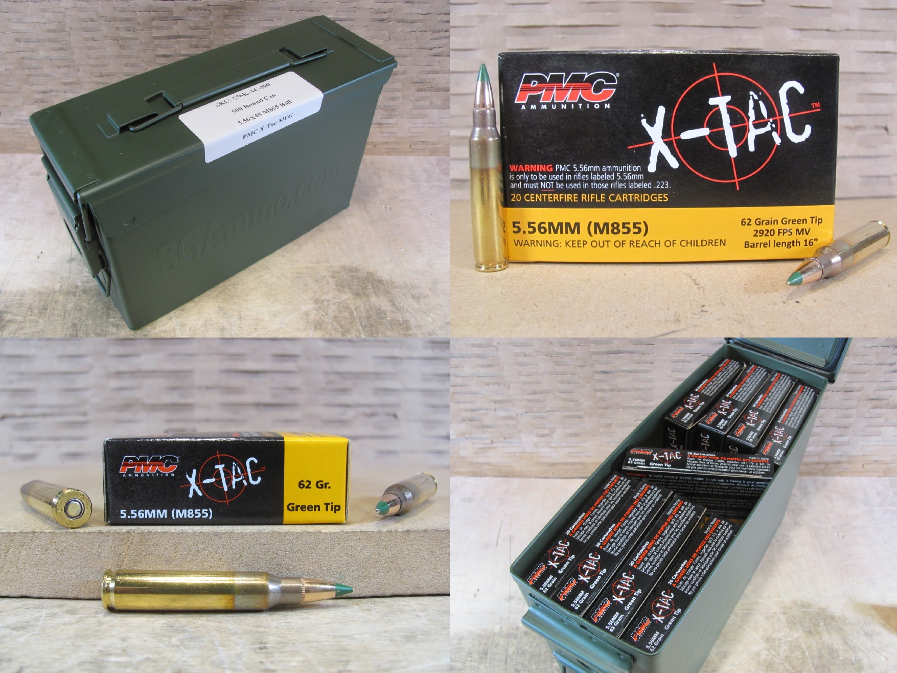 500 Round Can – 5.56 PMC X-TAC M855 62 Grain Green Tip FMJ Ammo – 556K – Packed in M19A1 Canister