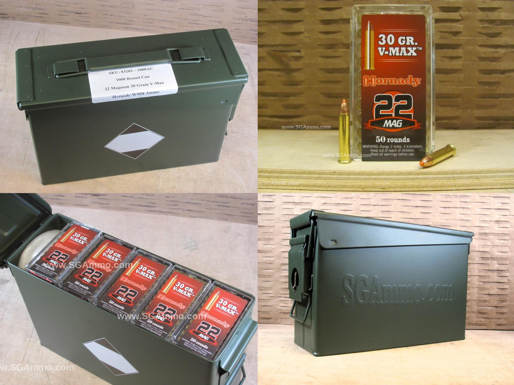 1000 Round Can – 22 Magnum Hornady 30 Grain V-Max Ammo – 83202 – Packed in M19A1 Canister