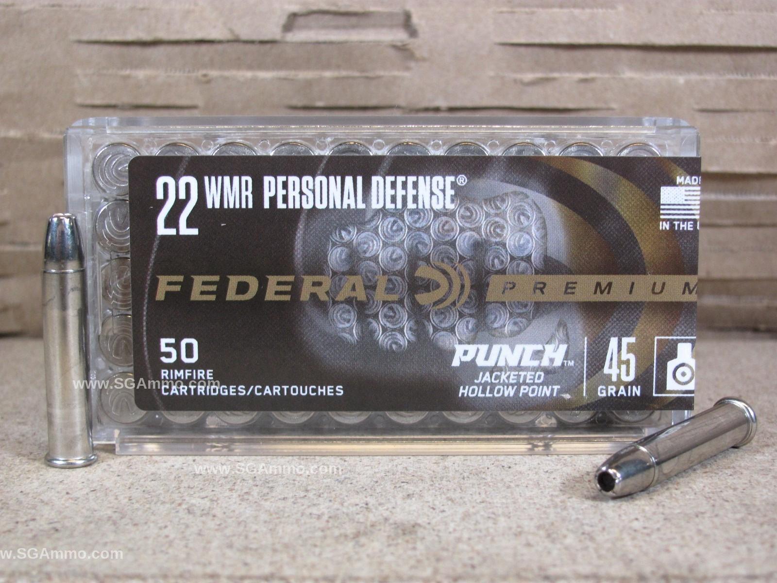 50 Round Box – 22 WMR 45 Grain Punch JHP Personal Defense Federal Premium Ammo – PD22WMR1