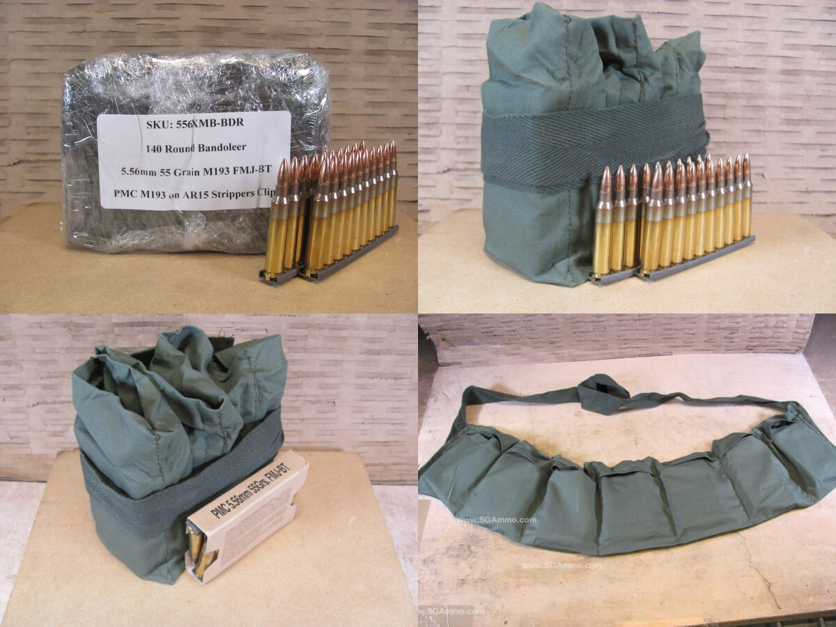 140 Round Bandoleer – 5.56mm 55 Grain FMJ-BT M193 Ammo by PMC on AR15 Stripper Clips Packed in Bandoleer – 556XMB