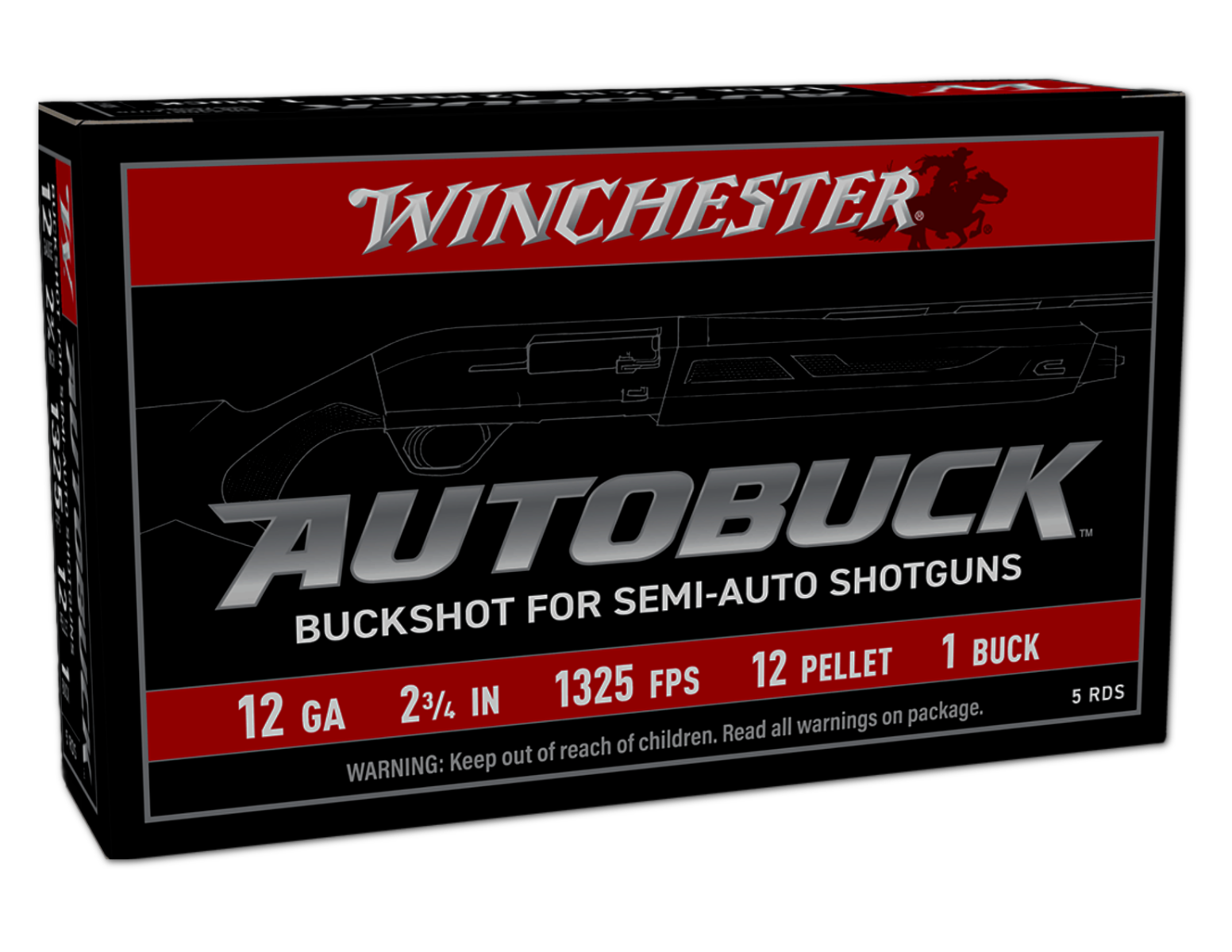 Winchester Autobuck 12 Gauge 2-3/4" #1 Buck 12 Pellets Shotshells, 5Rds