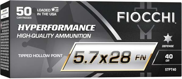 Fiocchi Hyperformance Defense 5.7x28mm 40grain Tipped Hollow Point Brass Pistol Ammo 50 Rounds