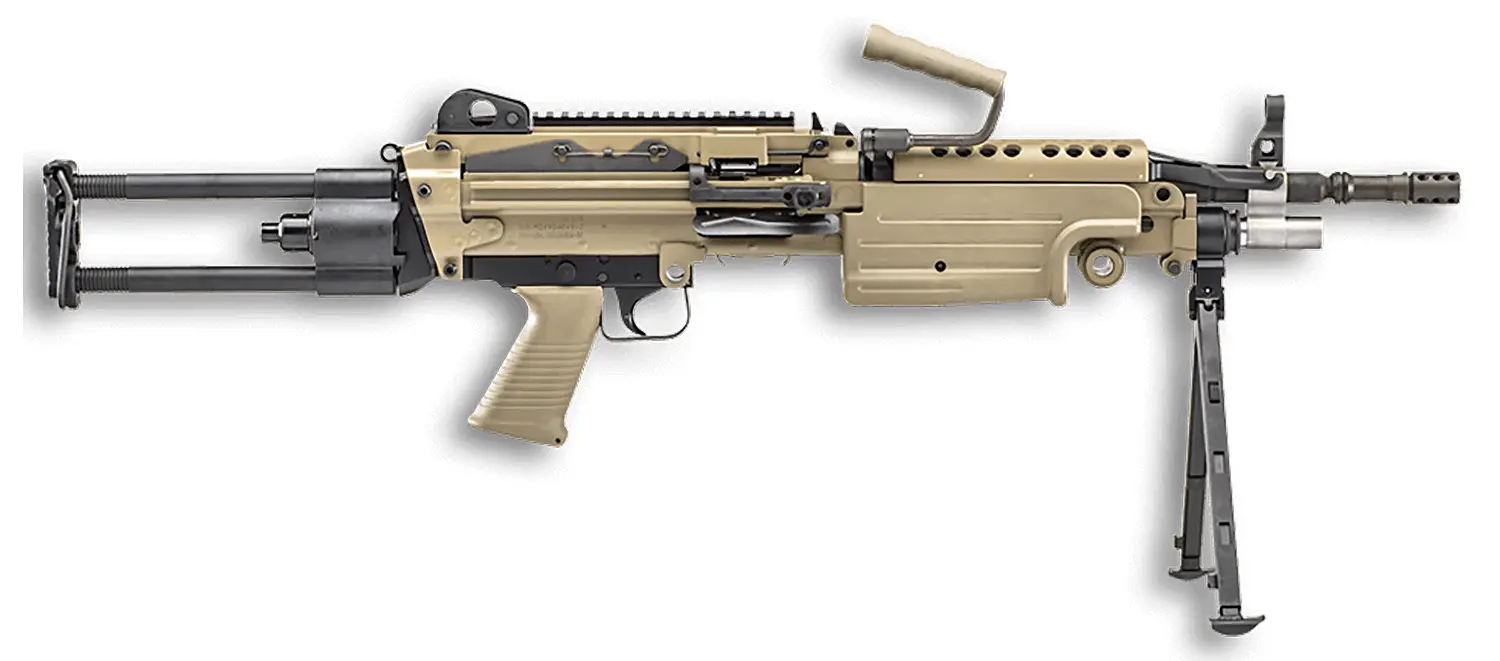 FN 46100172 M249S Para 5.56x45mm NATO 16.10" Barrel 30+1 Mag Or 200rd Belt Capacity, Flat Dark Earth Rotating Telescoping Stock, Hydraulic Recoil Buffer, Non-Slip Buttplate, Optics Ready
