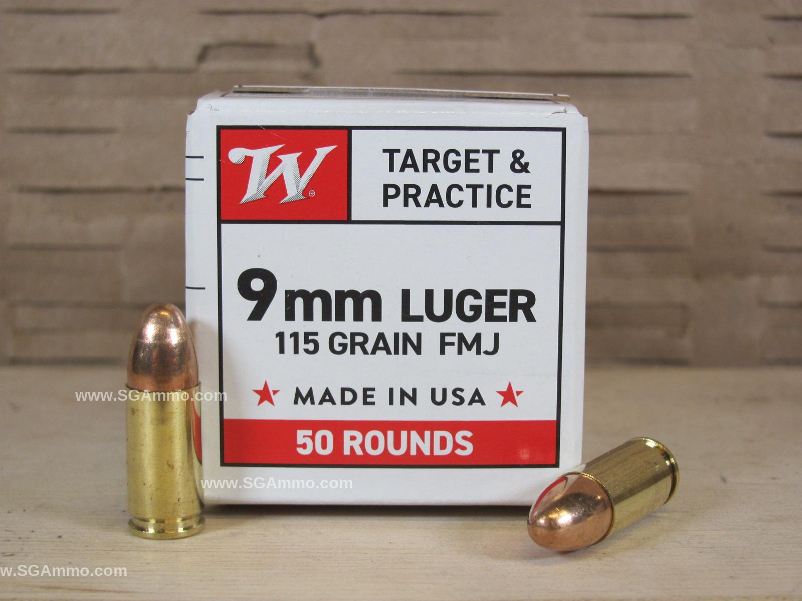 50 Round Box – 9mm Luger FMJ 115 Grain Winchester White Box Ammo – W9MM50