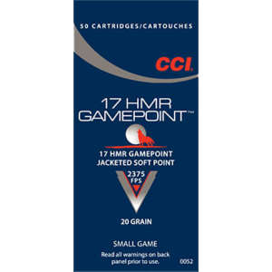 CCI 0052 Small Game 17 Hornady Magnum Rimfire (HMR) 20 GR Jacketed Soft Point - 50rd Box