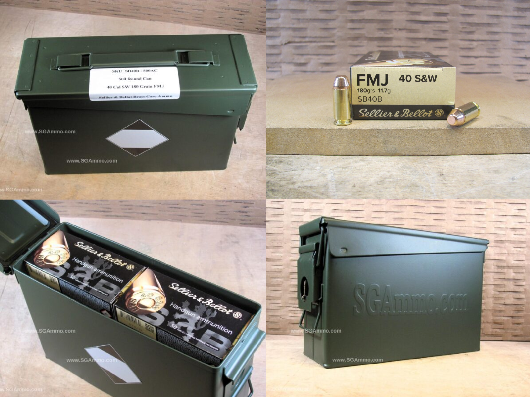 500 Round Can – 40 Cal SW 180 Grain FMJ Sellier Bellot Brass Case Ammo – SB40B – Packed in M19A1 Canister
