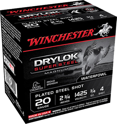 WINCHESTER 20 GA 2-3/4″ #4 DRYLOK STEEL MAGNUM 3/4 OZ 25 RD/BX 10 BX/CS - No Credit Card Fees - Low, flat rate shipping