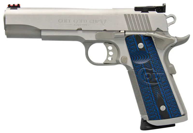 Colt Mfg O5070XE Gold Cup Trophy 45 ACP 8+1 5" Steel Barrel, Stainless Steel Serrated Slide Frame w/Beavertail, Competition Blue G10 Grips, Right Hand