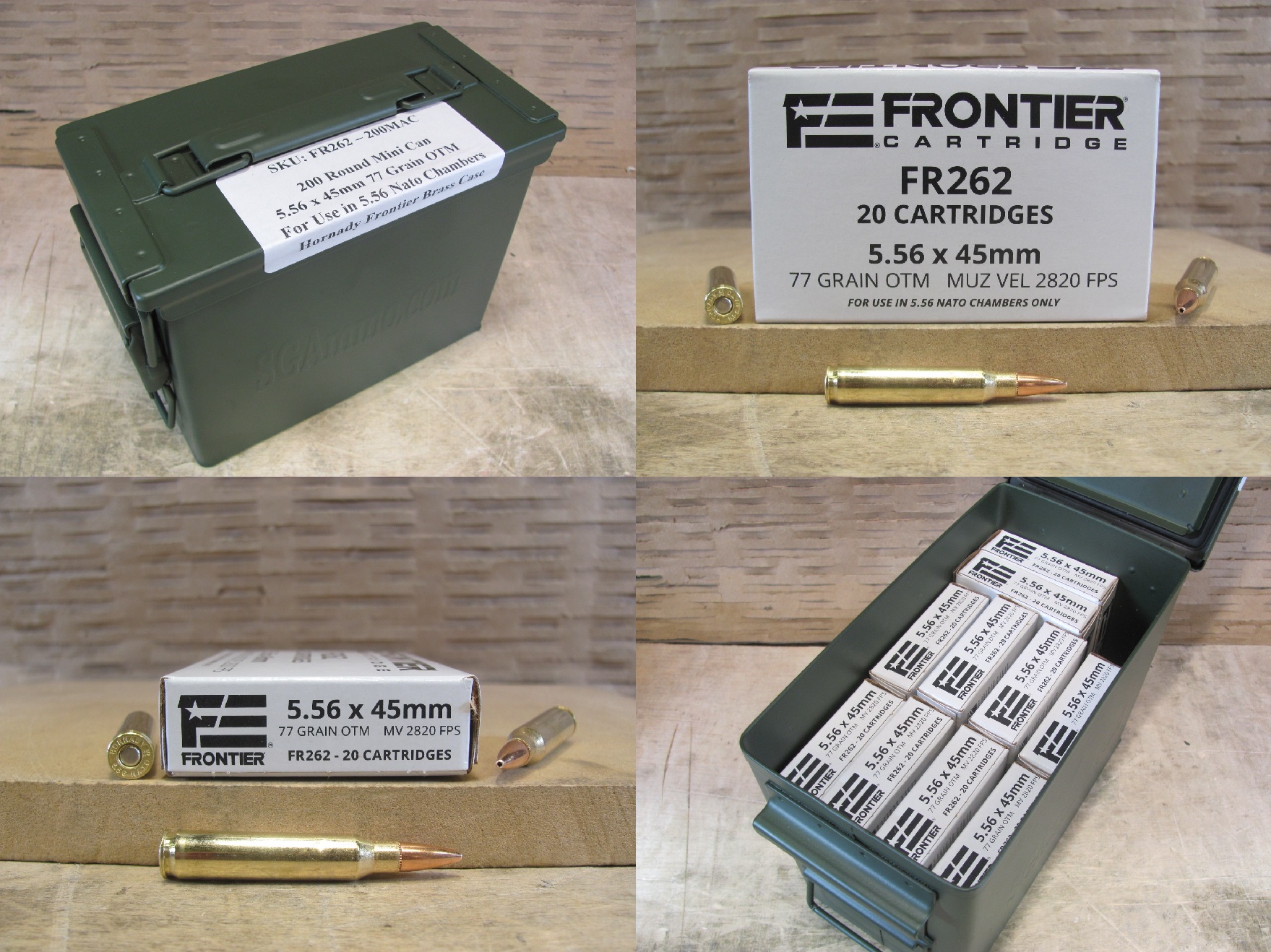 200 Round Can – 5.56 x 45mm 77 Grain Open Tip Match Hornady Frontier Ammo – FR262 – FOR USE IN 5.56 NATO CHAMBERS ONLY – Packed in Mini Canister
