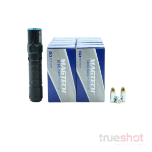 BUNDLE DEAL: Black Olight Warrior 3S High Beam Tactical Flashlight and 500 Rounds of Ammo - Magtech 9mm 115 Grain Steel