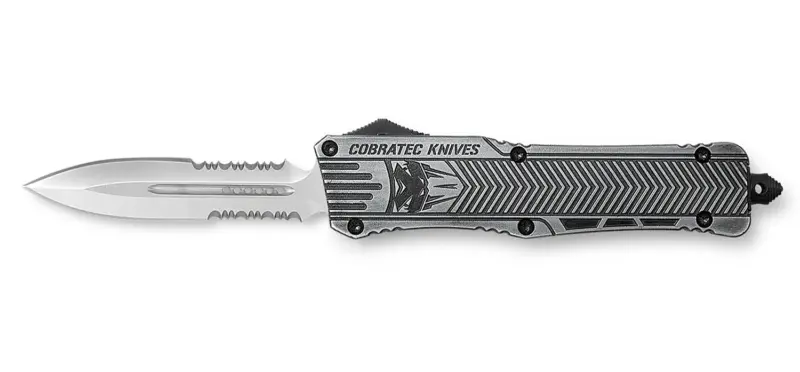 CobraTec Knives LSWCTK1LDG2SS CTK-1 Large 3.75" OTF Dagger Part Serrated D2 Steel Blade/ Stonewashed Aluminum Handle Features Glass Breaker Includes Pocket Clip