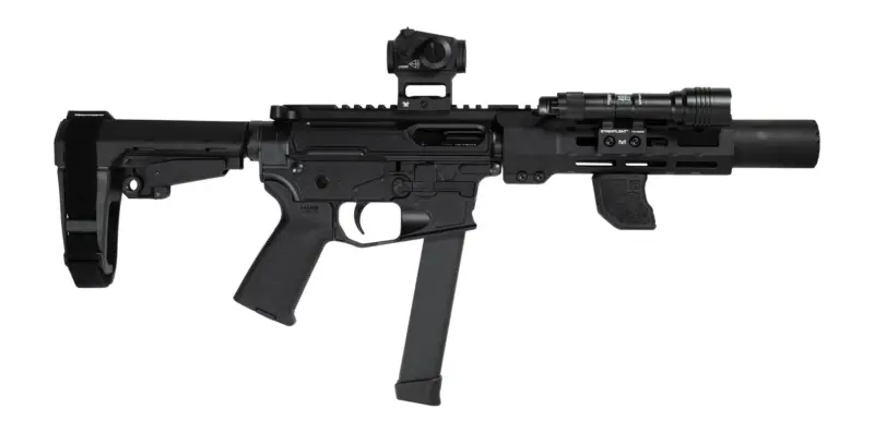 Shark Coast Tactical SCC06704SPBO9-D Sneeky Pete Deluxe w/Optic 9mm Luger 30+1 5.50" Black Melonite Threaded Barrel, Black Cerakote Receiver, SB Tactical SBA3 Brace, Vortex Crossfire Red Dot, Streamli