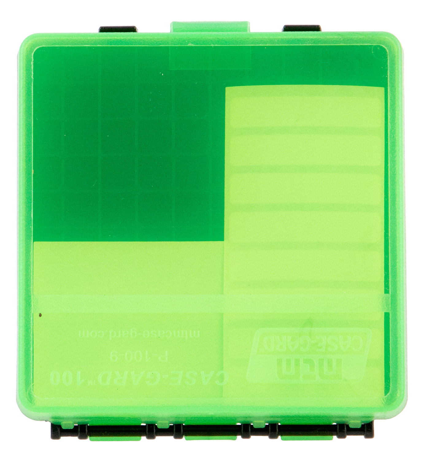 MTM Case Gard P-100 100 Round Flip-Top Ammo Box, 1.2" OAL, Clear Green/Black - P100916T