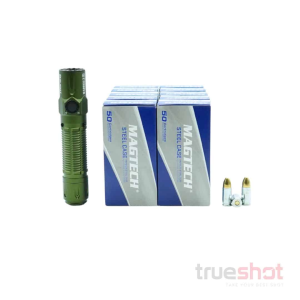 BUNDLE DEAL: OD Green Olight Warrior 3S High Beam Tactical Flashlight and 500 Rounds of Ammo - Magtech 9mm 115 Grain Steel