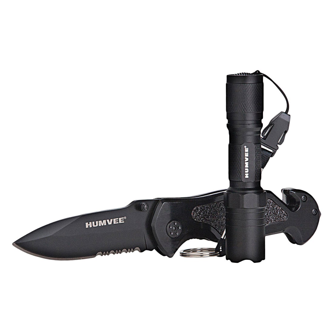 Camp Co Humvee Emergency Rescue Knife and Tactical LED Flashlight Spear Point, Black