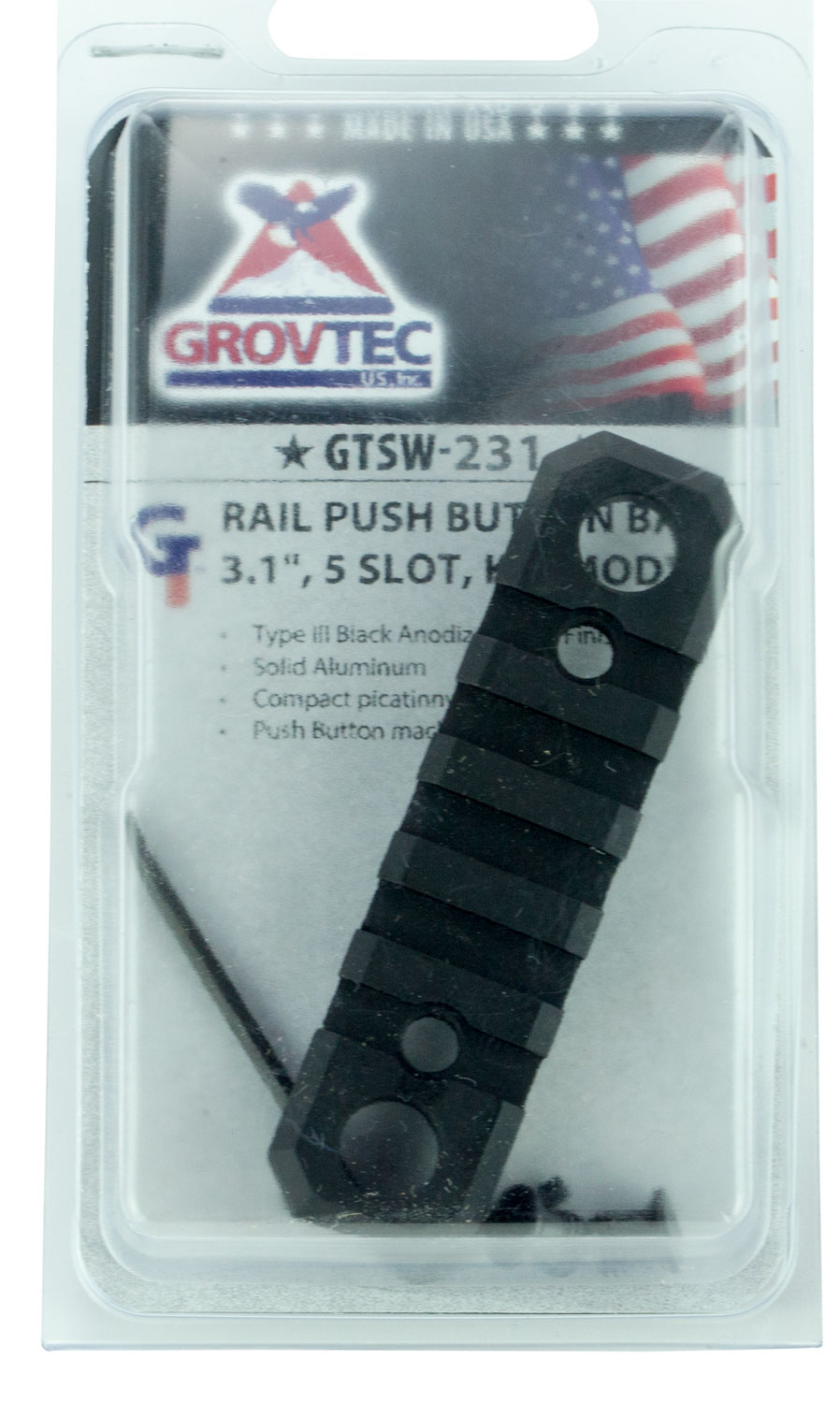 GrovTec KeyMod Aluminum 5-Slot Picatinny Rail w/ Push Button Base, Type III Anodized Black - GTSW231