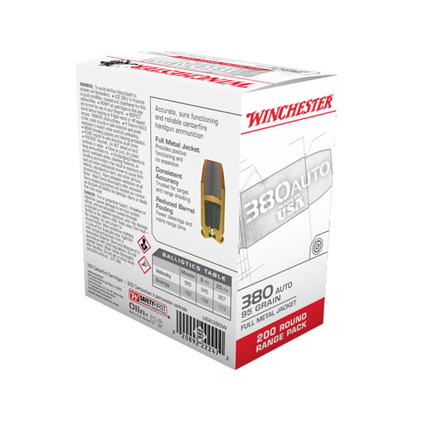 Winchester USA 380 Auto/ACP 95gr FMJ Ammunition, 200 Round Box – USA380W