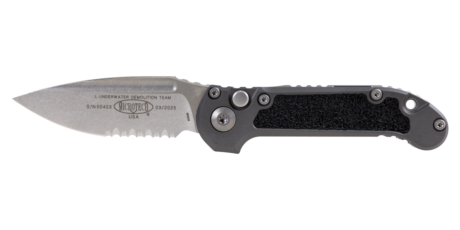 Microtech L.U.D.T. S/E Gen III Folding Drop Point Knife Serrated, Natural Clear - 1135-11NC