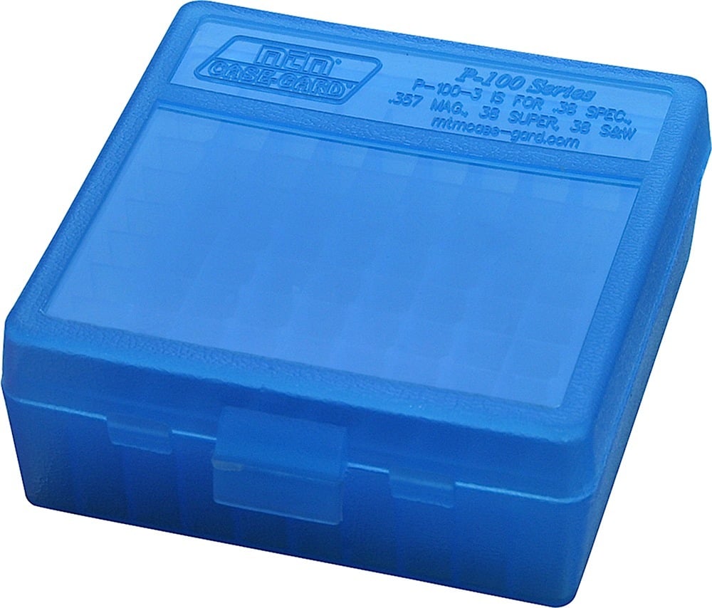 MTM Case Gard P-100 100 Round Flip-Top Ammo Box, 1.7" OAL, Clear Blue - P100324