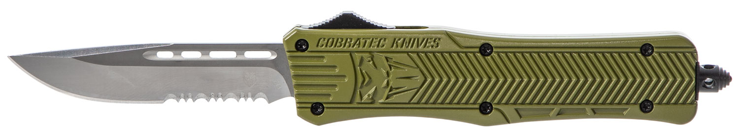 CobraTec Knives Medium CTK-1 3" Drop Point OTF Knife, Serrated Edge, Olive Drab Green - MODCTK1MDS